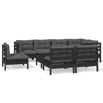 Set Divani da Giardino 9 pz con Cuscini Neri in Legno di Pino