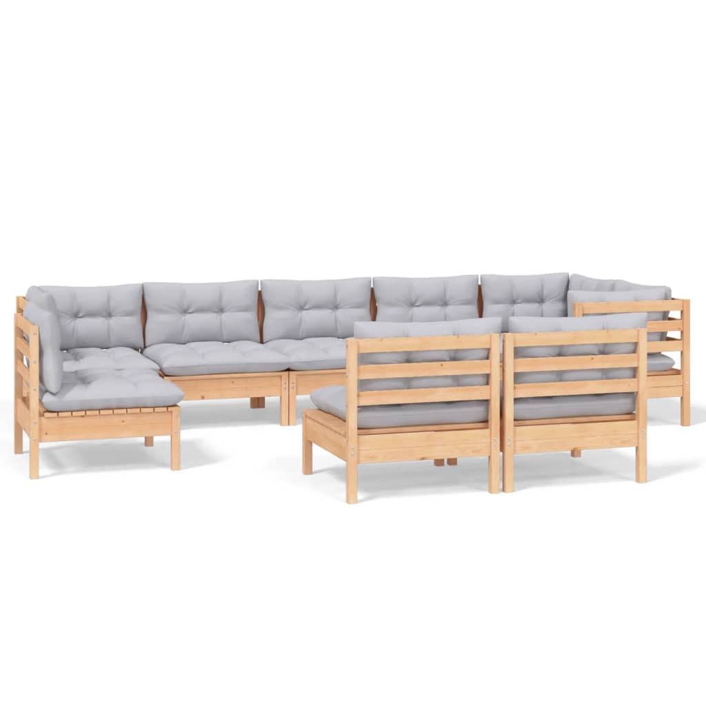 Set Divani da Giardino 9 pz con Cuscini Grigi Massello di Pino