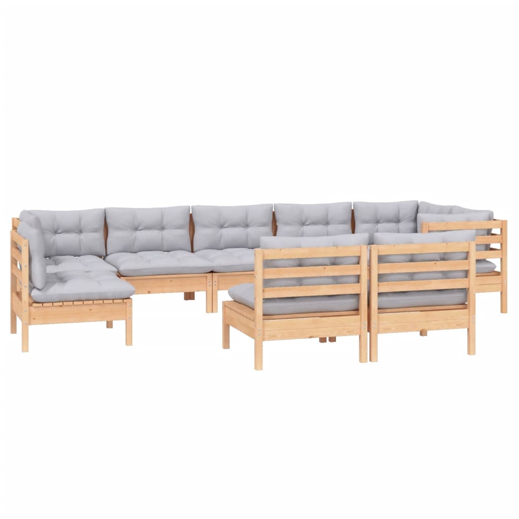 Set Divani da Giardino 9 pz con Cuscini Grigi Massello di Pino