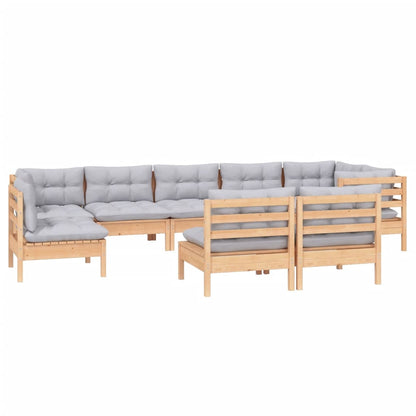 Set Divani da Giardino 9 pz con Cuscini Grigi Massello di Pino