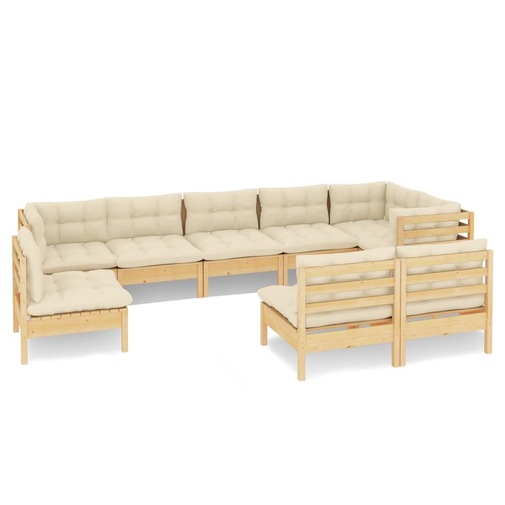 Set Divani da Giardino 9 pz con Cuscini Crema Massello di Pino