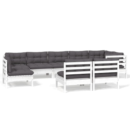 Set Divani da Giardino 9 pz con Cuscini Bianchi Legno di Pino