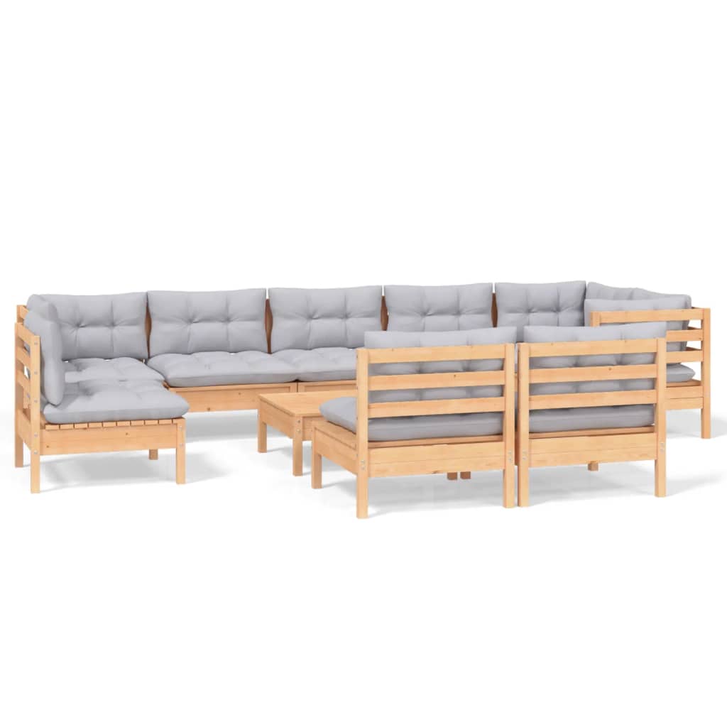 Set Divani da Giardino 10 pz con Cuscini Grigi Massello di Pino