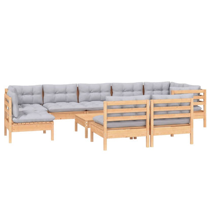 Set Divani da Giardino 10 pz con Cuscini Grigi Massello di Pino