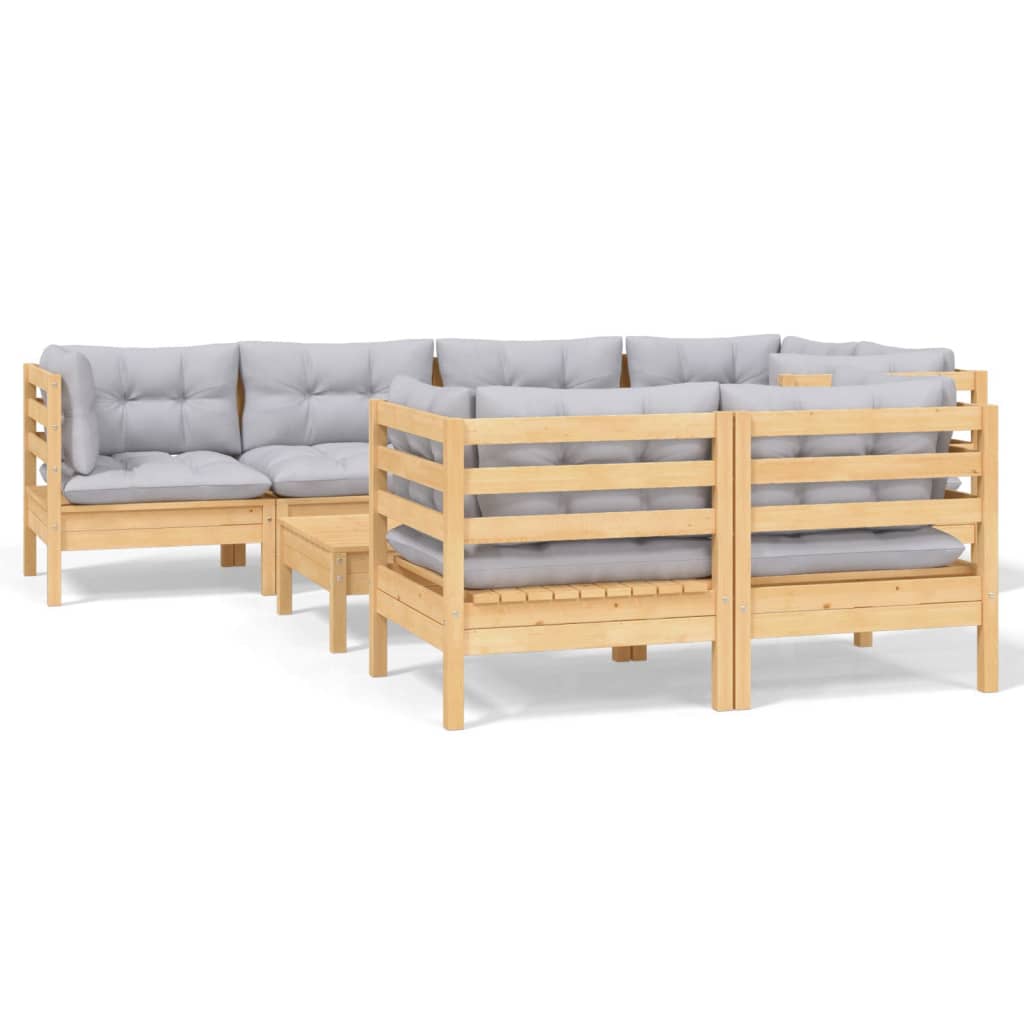 Set Divani da Giardino 8 pz con Cuscini Grigi Massello di Pino