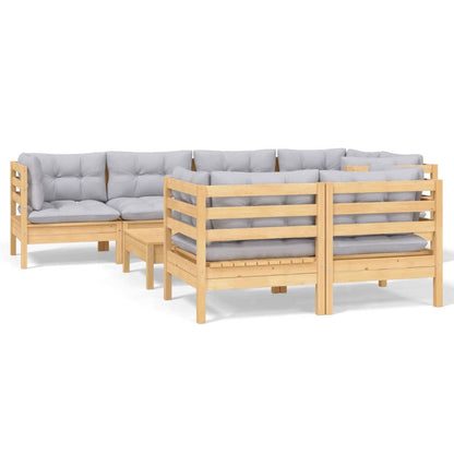 Set Divani da Giardino 8 pz con Cuscini Grigi Massello di Pino