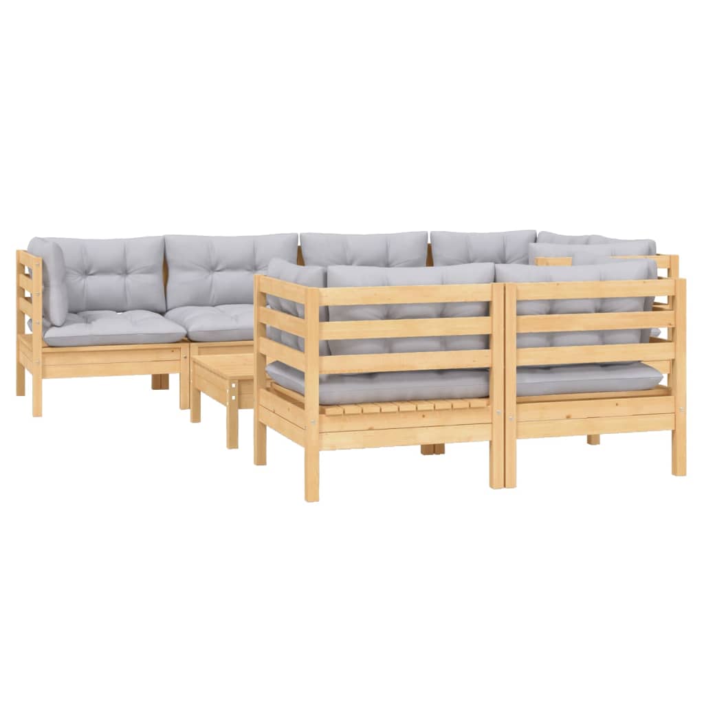 Set Divani da Giardino 8 pz con Cuscini Grigi Massello di Pino