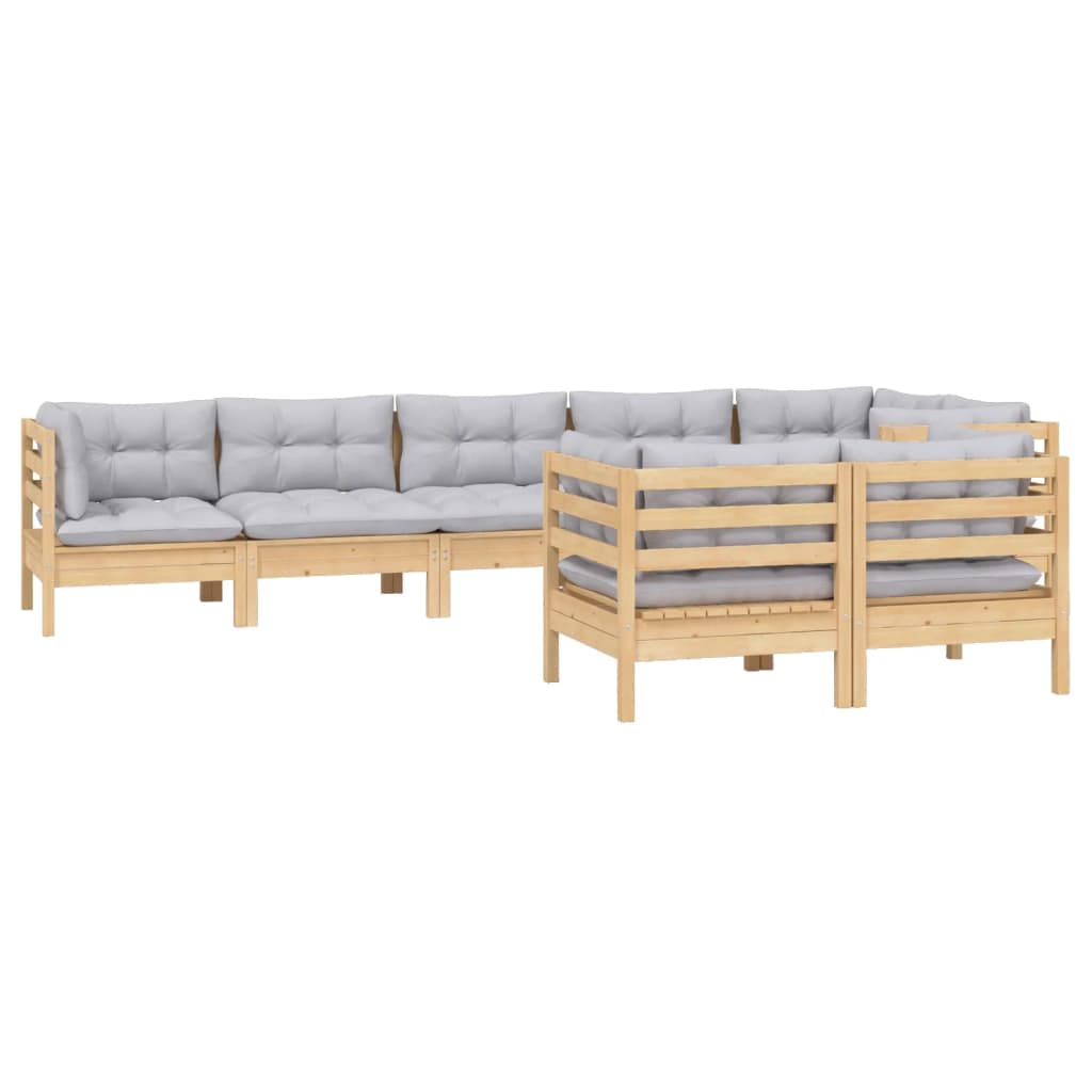 Set Divani da Giardino 8 pz con Cuscini Grigi Massello di Pino