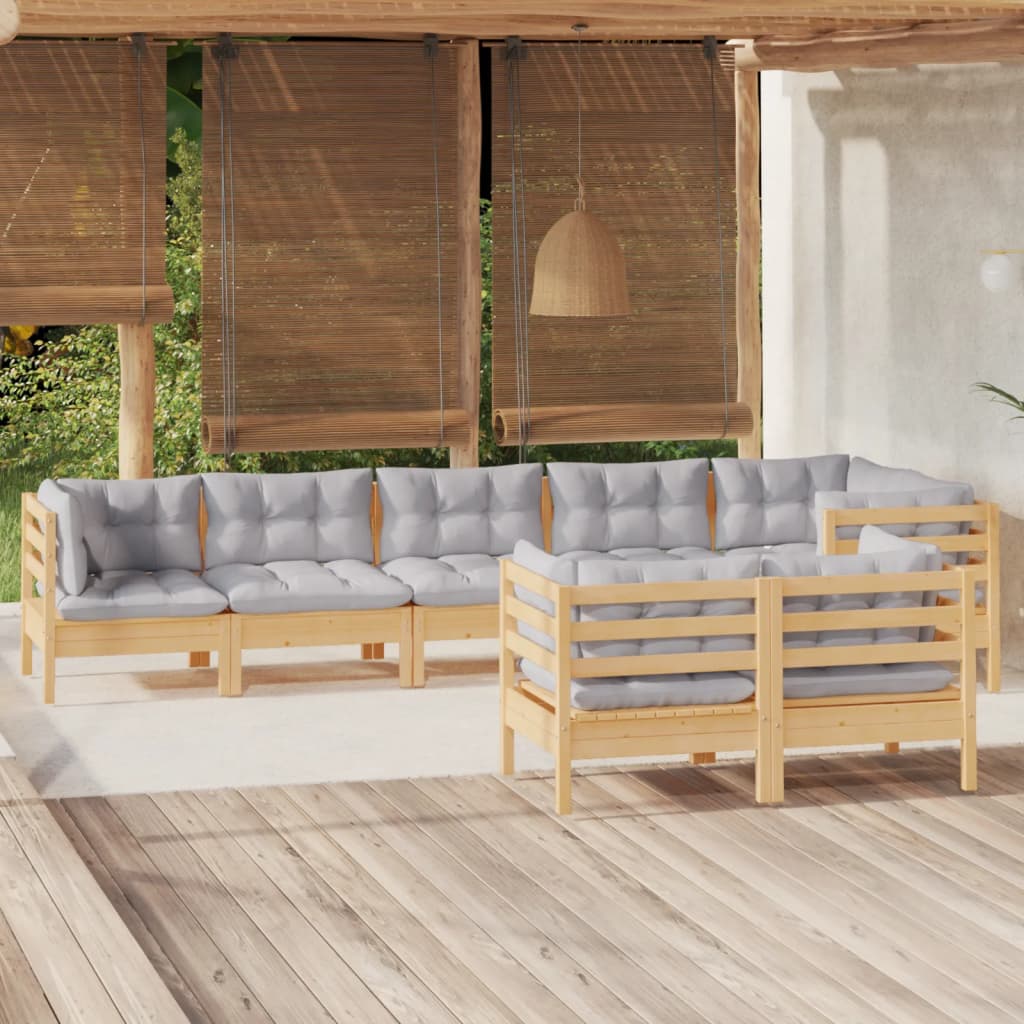 Set Divani da Giardino 8 pz con Cuscini Grigi Massello di Pino