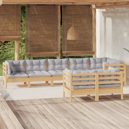 Set Divani da Giardino 8 pz con Cuscini Grigi Massello di Pino