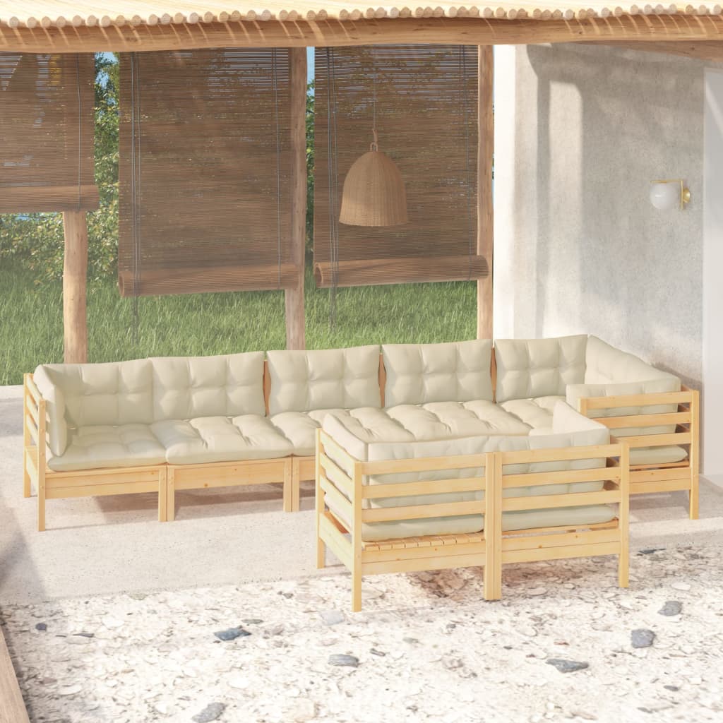 Set Divani da Giardino 8 pz con Cuscini Crema in Massello di Pino