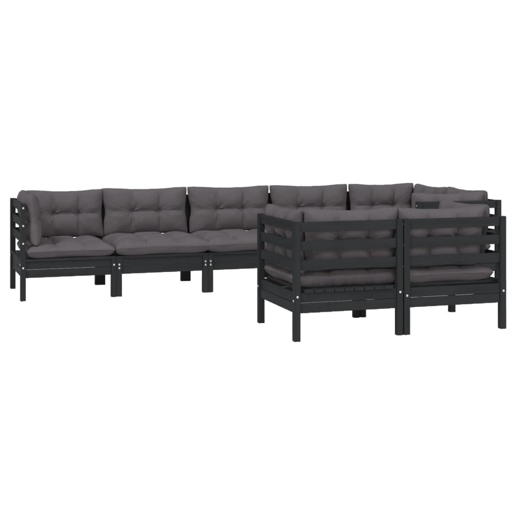 Set Divani da Giardino 8 pz con Cuscini Neri Massello di Pino