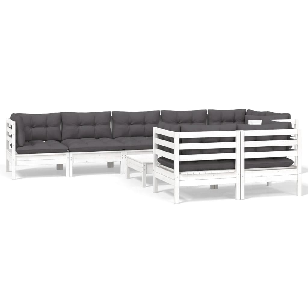 Set Divani da Giardino 9 pz con Cuscini Bianchi Legno di Pino