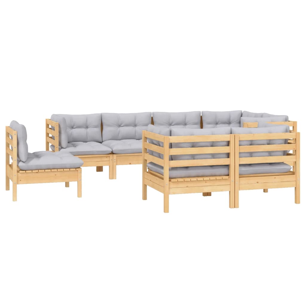 Set Divani da Giardino 8 pz con Cuscini Grigi Massello di Pino