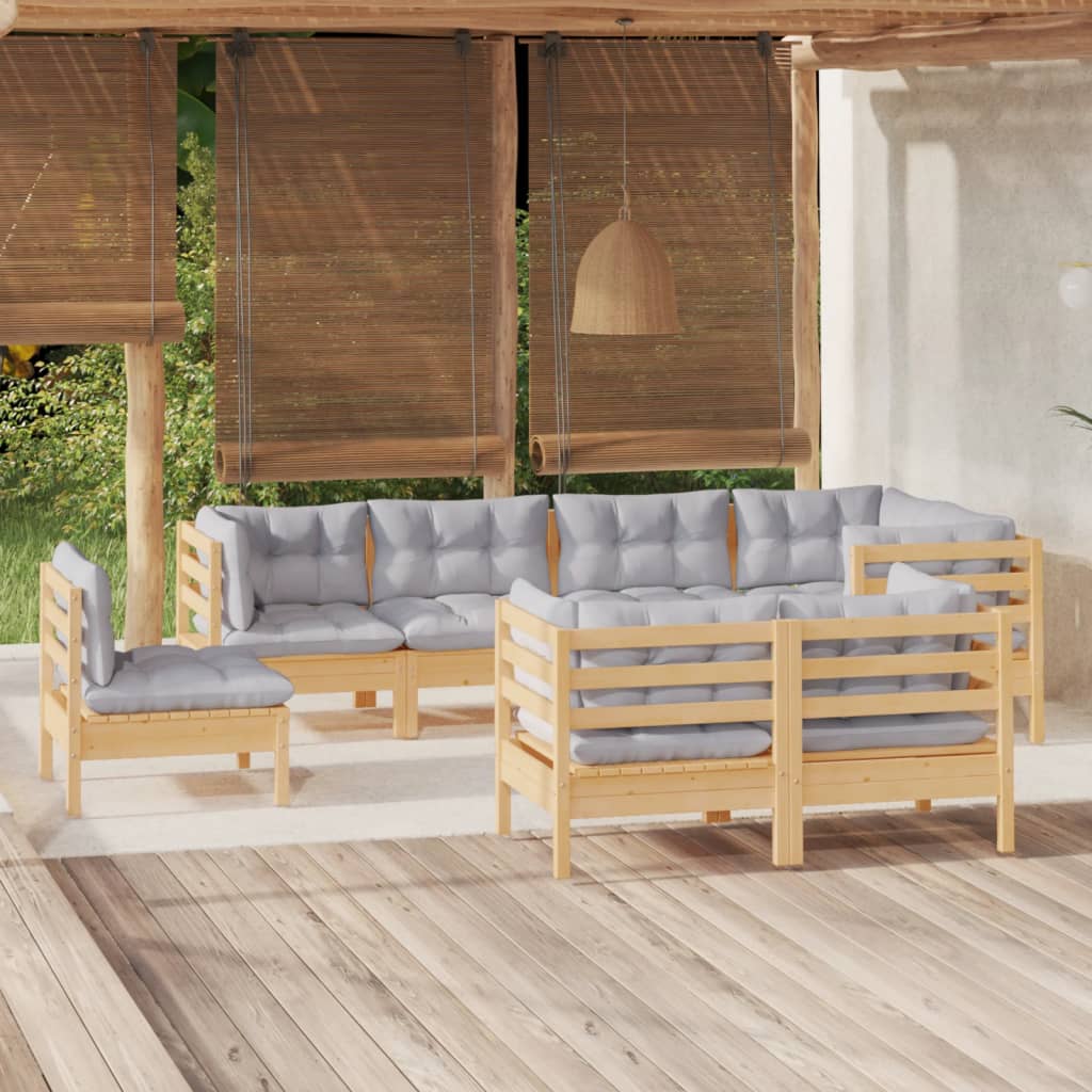 Set Divani da Giardino 8 pz con Cuscini Grigi Massello di Pino