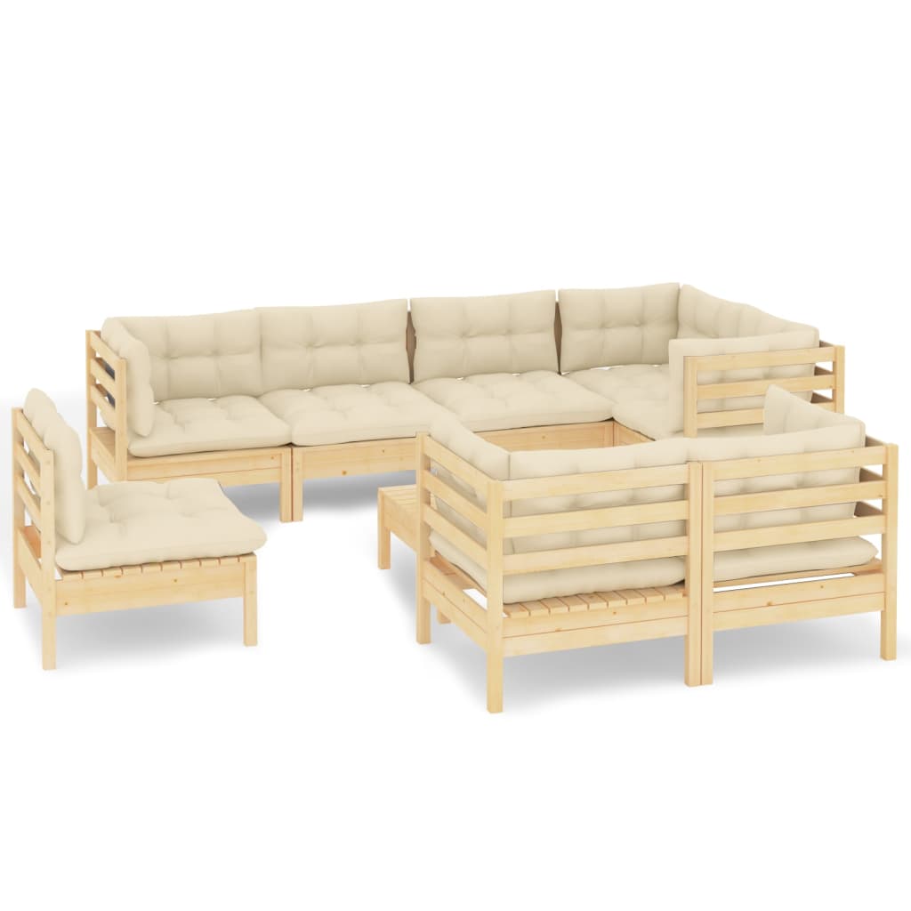 Set Divani da Giardino 9 pz con Cuscini Crema Massello di Pino