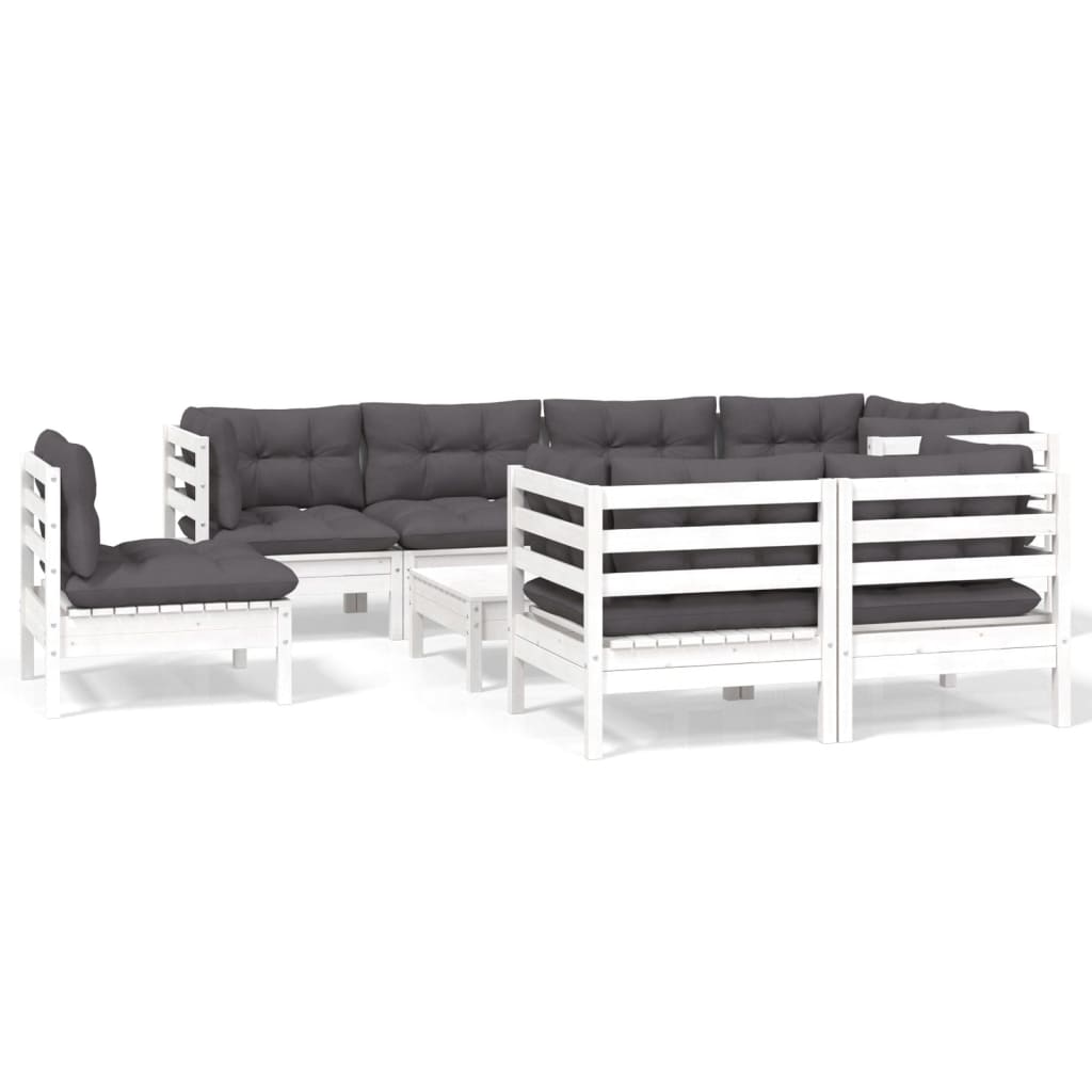 Set Divani da Giardino 9 pz con Cuscini Bianchi Legno di Pino