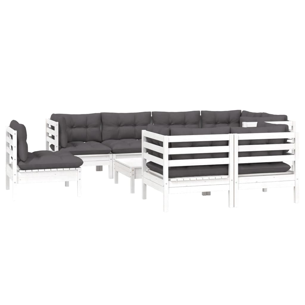 Set Divani da Giardino 9 pz con Cuscini Bianchi Legno di Pino