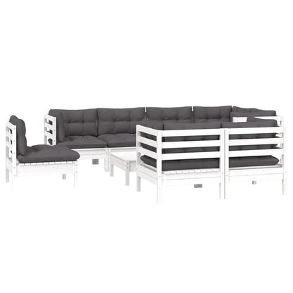 Set Divani da Giardino 9 pz con Cuscini Bianchi Legno di Pino