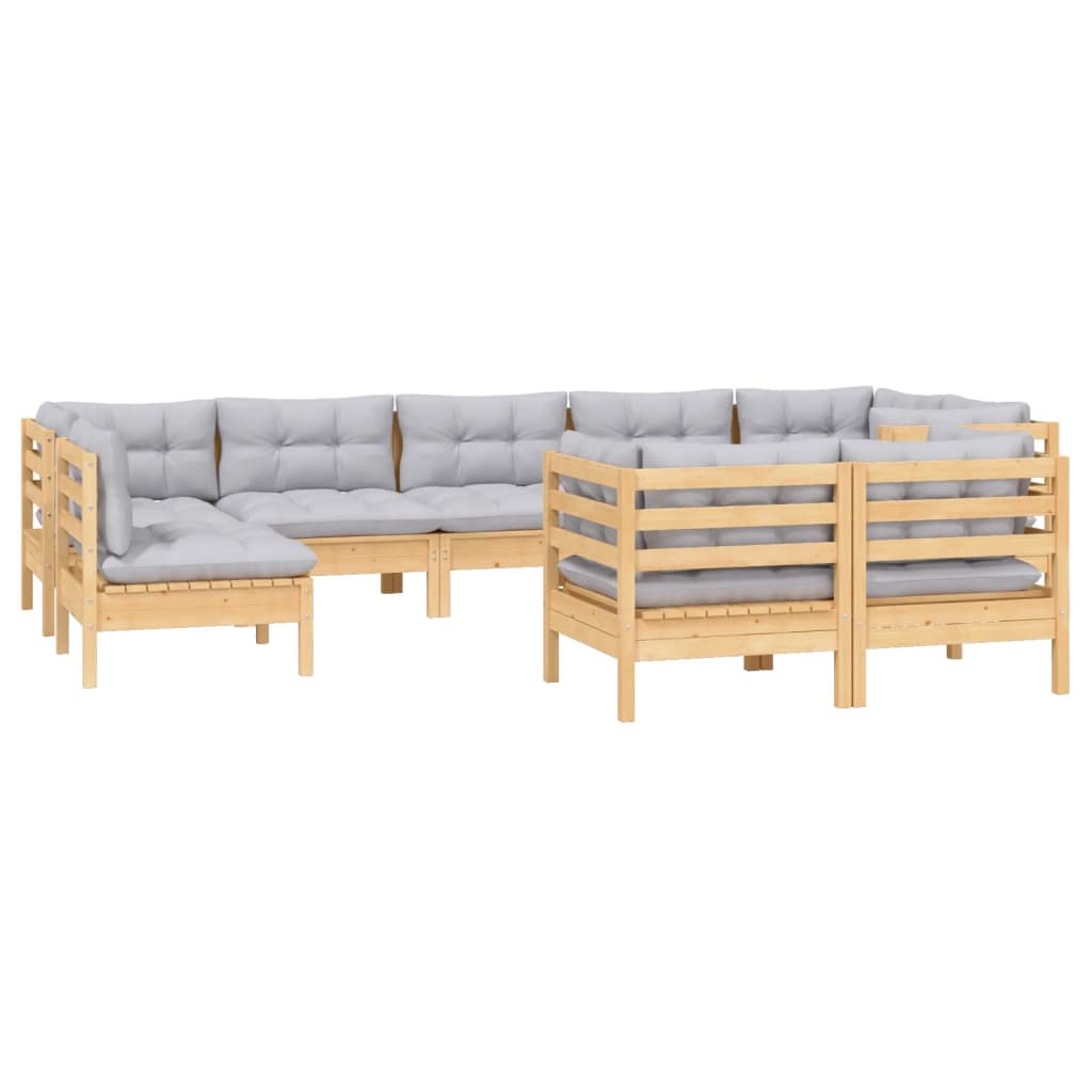 Set Divani da Giardino 9 pz con Cuscini Grigi Massello di Pino