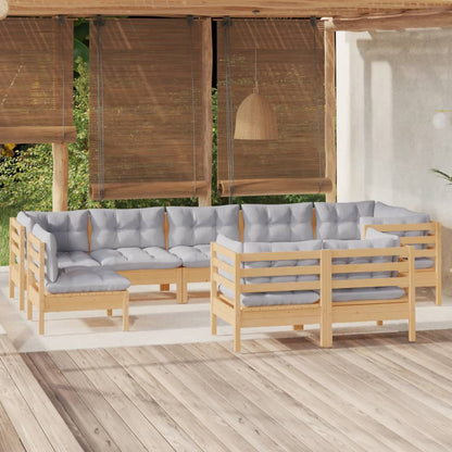 Set Divani da Giardino 9 pz con Cuscini Grigi Massello di Pino