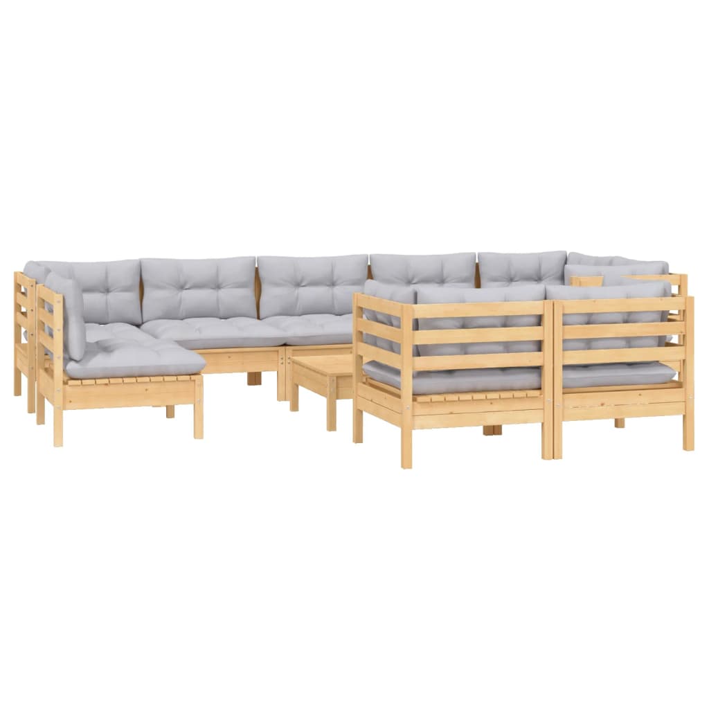 Set Divani da Giardino 10 pz con Cuscini Grigi Massello di Pino