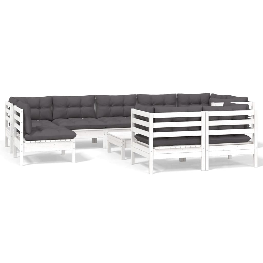 Set Divani da Giardino 10 pz con Cuscini Bianchi Legno di Pino