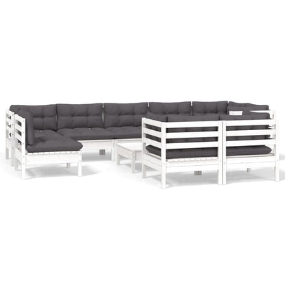 Set Divani da Giardino 10 pz con Cuscini Bianchi Legno di Pino
