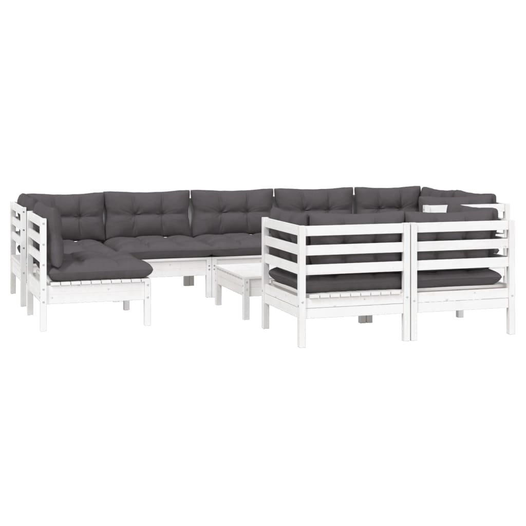 Set Divani da Giardino 10 pz con Cuscini Bianchi Legno di Pino