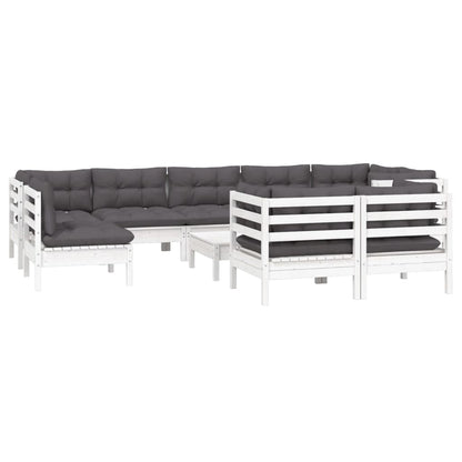 Set Divani da Giardino 10 pz con Cuscini Bianchi Legno di Pino