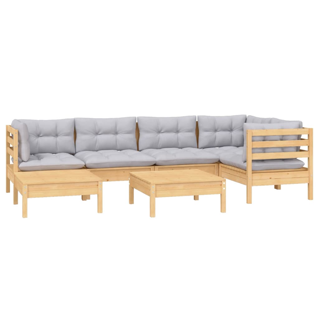 Set Divani da Giardino 7 pz con Cuscini Grigi Massello di Pino
