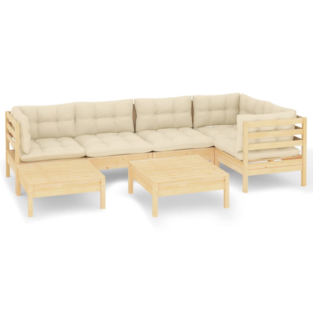 Set Divani da Giardino 7 pz con Cuscini Crema in Massello di Pino