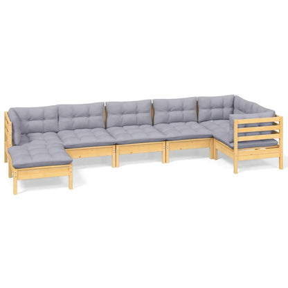 Set Divani da Giardino 7 pz con Cuscini Grigi Massello di Pino