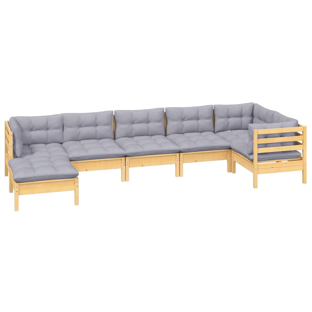 Set Divani da Giardino 7 pz con Cuscini Grigi Massello di Pino