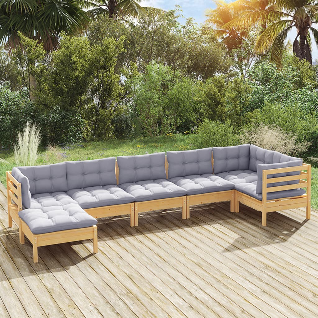 Set Divani da Giardino 7 pz con Cuscini Grigi Massello di Pino
