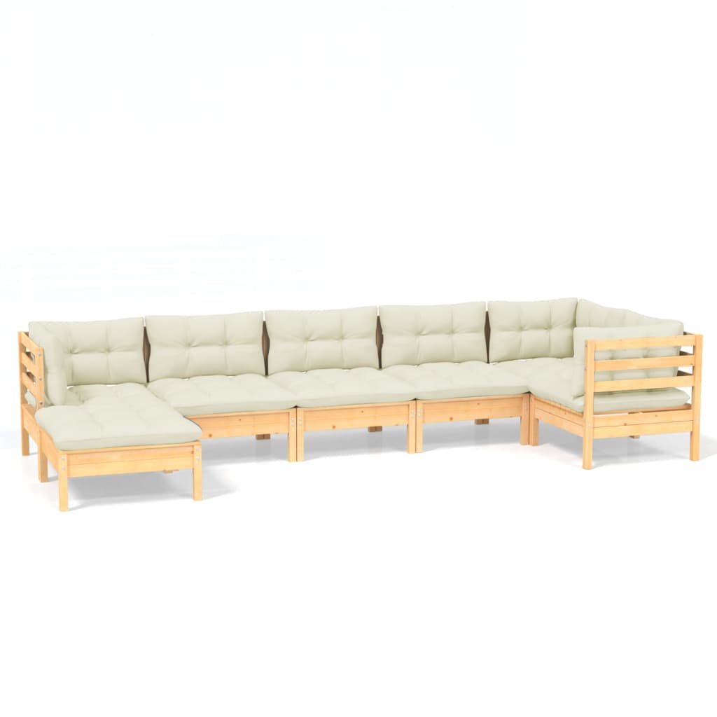 Set Divani da Giardino 7 pz con Cuscini Crema in Massello di Pino
