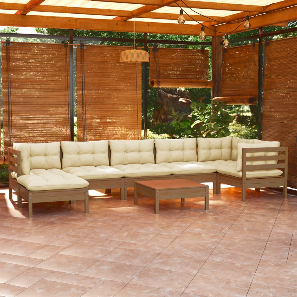 Set Salotto Giardino 8pz con Cuscini Marrone Ambra Legno Pino