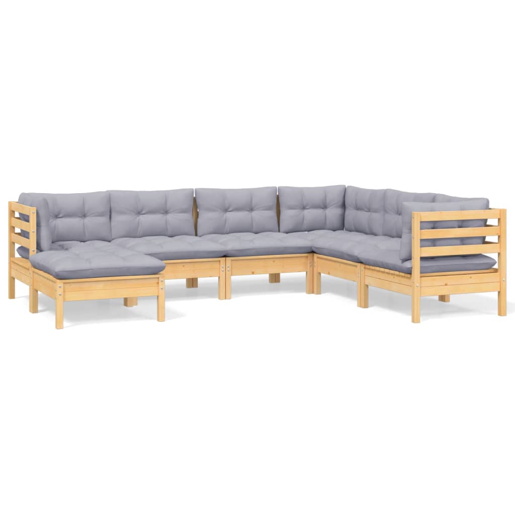 Set Divani da Giardino 7 pz con Cuscini Grigi Massello di Pino