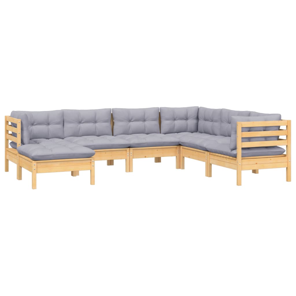 Set Divani da Giardino 7 pz con Cuscini Grigi Massello di Pino