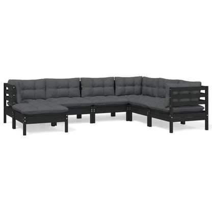 Set Divani da Giardino 7 pz con Cuscini Neri in Legno di Pino