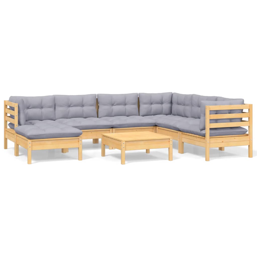 Set Divani da Giardino 8 pz con Cuscini Grigi Massello di Pino