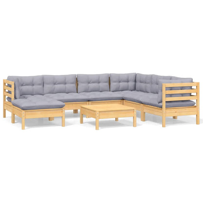 Set Divani da Giardino 8 pz con Cuscini Grigi Massello di Pino