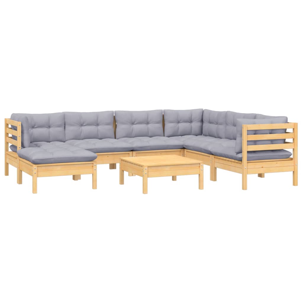 Set Divani da Giardino 8 pz con Cuscini Grigi Massello di Pino