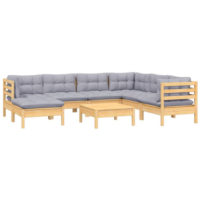 Set Divani da Giardino 8 pz con Cuscini Grigi Massello di Pino