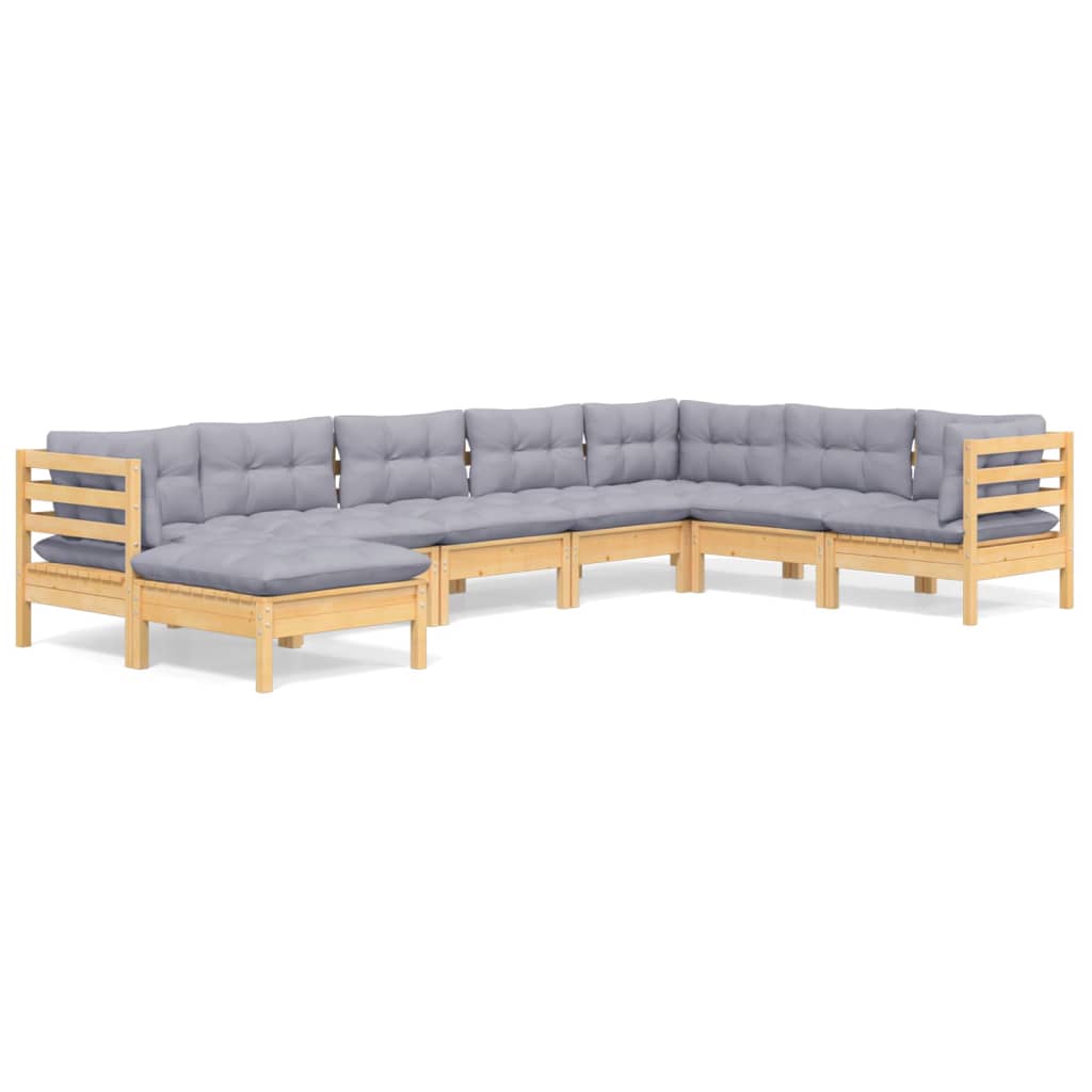 Set Divani da Giardino 8 pz con Cuscini Grigi Massello di Pino