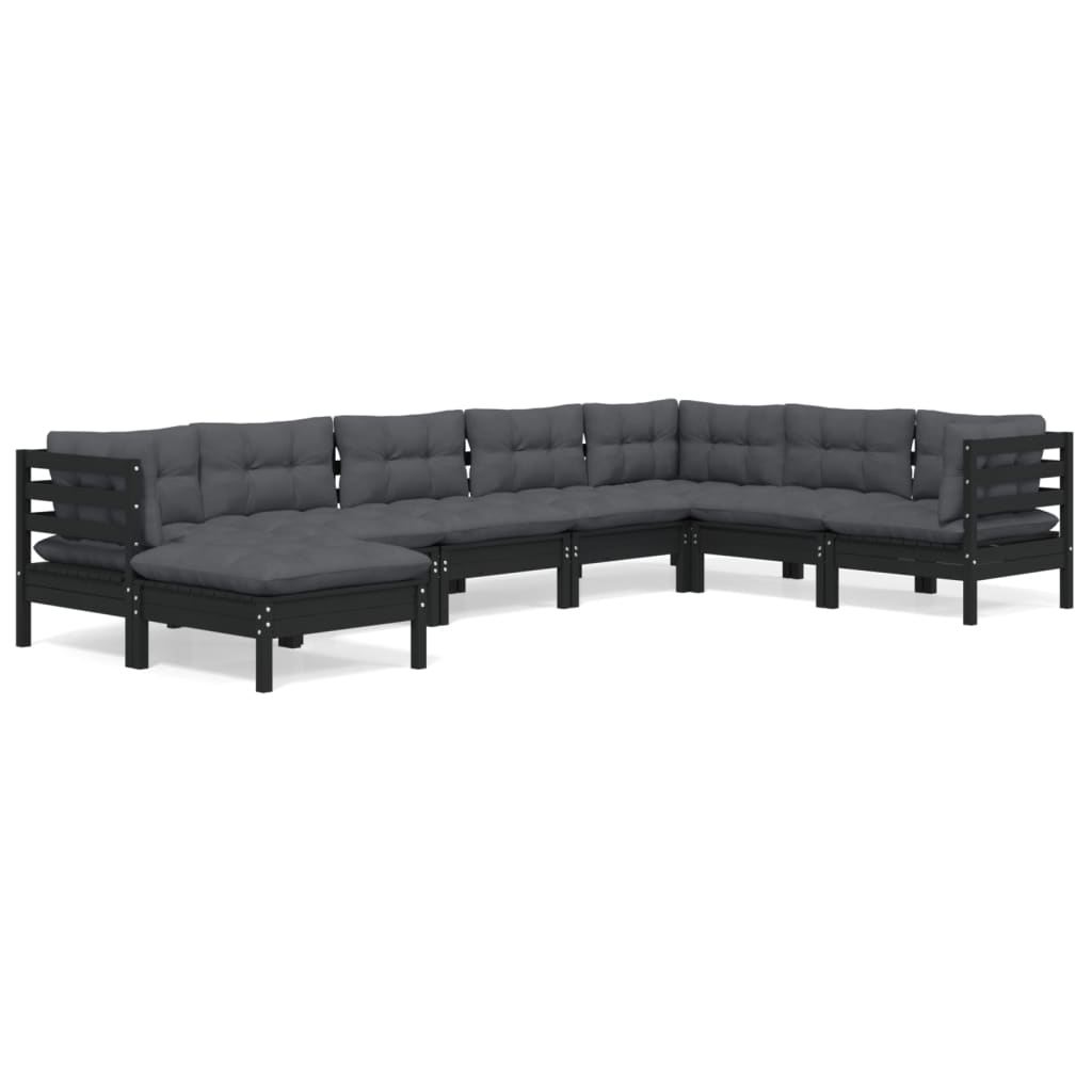 Set Divani da Giardino 8 pz con Cuscini Neri Legno di Pino