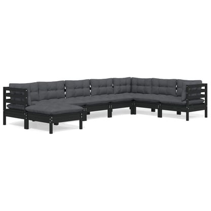 Set Divani da Giardino 8 pz con Cuscini Neri Legno di Pino