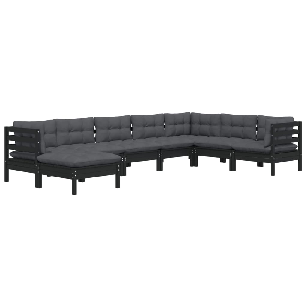 Set Divani da Giardino 8 pz con Cuscini Neri Legno di Pino