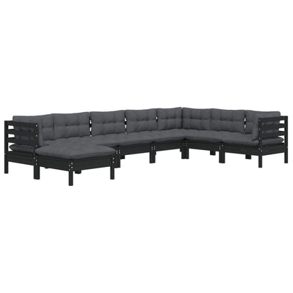 Set Divani da Giardino 8 pz con Cuscini Neri Legno di Pino