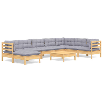 Set Divani da Giardino 9 pz con Cuscini Grigi Massello di Pino